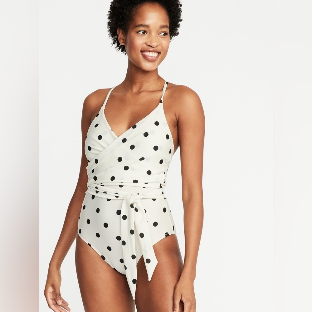 Old Navy Cream Polka Dot Wrap-Front Swimsuit Size Large